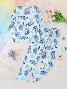 2pcs/Set Girls & Teens Casual Cartoon Cat Animal Print Crew Neck Long Sleeve Sweatshirt And Pants Sleepwear Set, Flame Retardant, All Season - Baby Blue - View 2