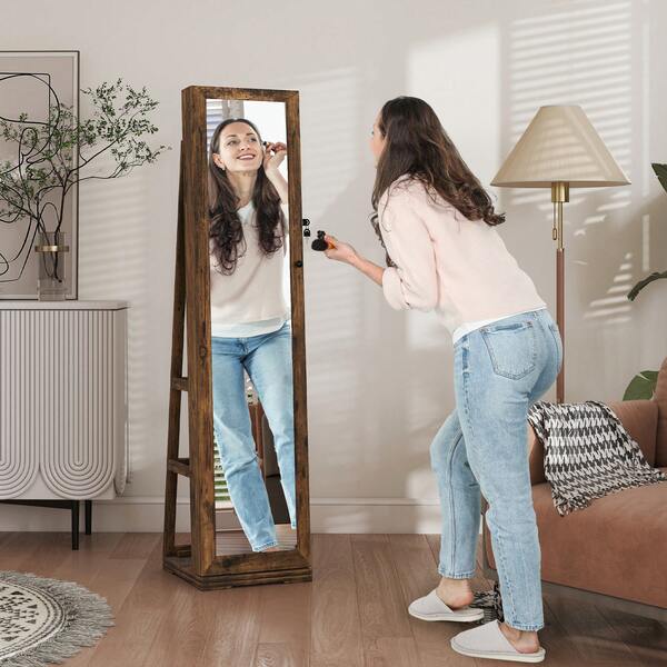 HOMCOM Mirror Jewelry Cabinet Armoire, 360° Swivel Lockable Standing Jewelry Organizer With Back Storage Shelves, Freestanding Full Length Mirror With Storage, Rustic Brown