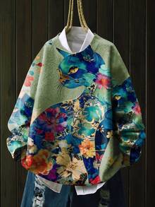 Lightweight Women Casual Cat & Floral Pattern Crew Neck Long Sleeve Pullover Sweater, Autumn/Winter - Green - View 9