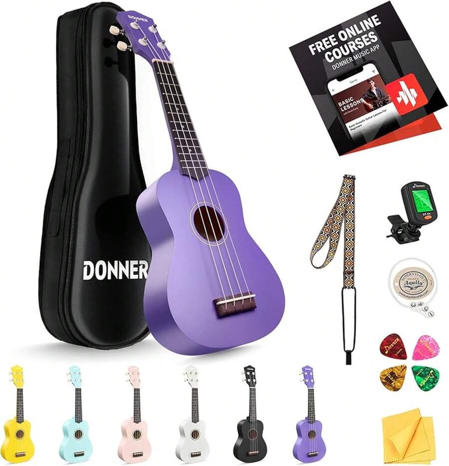 Soprano Ukulele Beginner With Online Lesson Bag Strap String Tuner Pick Cloth,  21 Inch Matte Bundle Kit  Series-Green - Violet - View 1