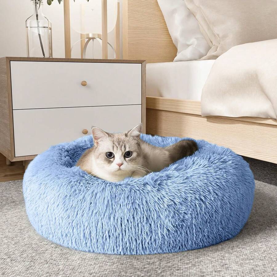 Calming Soft Round Dog & Cat Bed, Anti-Anxiety Donut Cuddler Warming Cozy Fluffy Faux Fur Plush Cushion Bed For Small Medium Pets (20"/24"/27"/30"), Light Grey - Light Blue - 查看 1