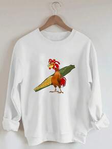 Women's Autumn And Winter Funny Chicken Print Casual Simple Loose Daily Comfortable Street Round Neck Thermal Lined Long Sleeve Sweatshirt