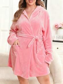1pc Plus Size Women Solid Color Hooded Belted Fluffy Cozy Robe, Comfortable & Warm For Autumn/Winter - Watermelon Pink - View 4