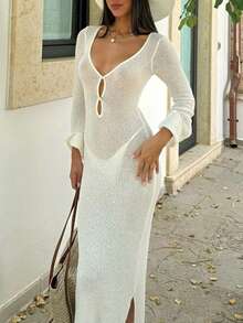 女式性感加大码 V 领修身长款镂空假日海滩风格袖罩衫纯色露背褶皱腰身紧身纽扣前部简约日常罩衫连衣裙（不含比基尼），海滩度假性感钩针透明长款波西米亚风优雅飘逸系带袖镂空休闲网眼连衣裙，春夏秋季 - 白色 - 查看 7