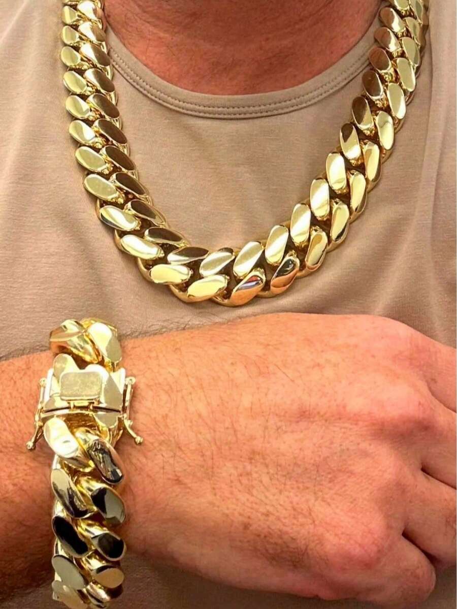20mm 316L Stainless Steel Miami Curb Chain Nekclace Or Bracelet  For Men Jewelry Cuban Link Chain Necklaces For Men Gold Chain Cuban Link Chain Women Baddies Chain Accessories Suitable As Valentine's Day Gift, For Party And Daily Wear Auspicious New Year Gifts - 20毫米(0.78吋) - 查看 1
