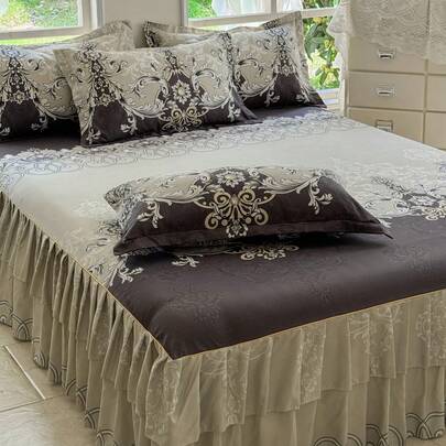 3件套床裙套装（1个床裙+2个枕套），花卉图案，柔软亲肤，适合卧室，四季皆宜