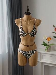 Bellisia Summer Beach Leopard Underwire Bikini Set With Beach Skirt Cheetah Print - Khaki - View 3