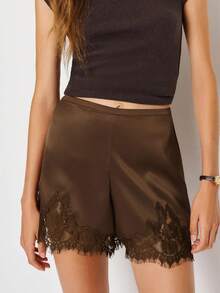 Women Pettipants  Shorts Lace Trim Satin Silk Bloomers Bottoms Elastic Waist Lace  Shorts - 棕色 - 查看 1