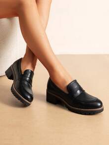 Women Loafers Platform Chunky Almond Toe Design Slip On Comfortable Office Lady Classic Simple Style Shoes - BLACK-PU - View 3