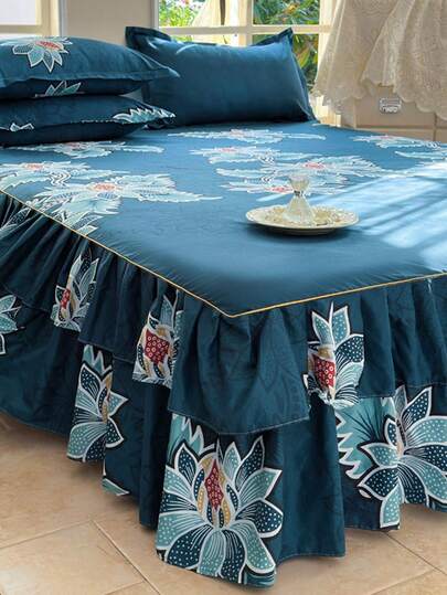 3pcs Bedskirt Set (1 Bedskirt + 2 Pillowcases), Floral Pattern, Soft & Skin-Friendly, Suitable For Bedroom, All Season