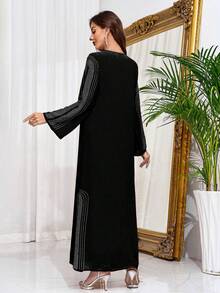 Purple Long Sleeve Rhinestones Middle East Style Women's Arabic Dress - Black - View 2