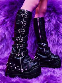 Gothic Womens Knee High Boots For Women Punk Rivets Platform Thick Heel Boots Y2K Round Metallic Zipper Buckle Knee High Boots For Cosplay - Black - View 4
