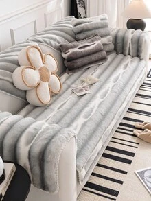 1pc Rabbit Fur Sofa Cushion Cover, Tie-Dye Striped, Thick & Warm For Winter, Anti-Slip & Anti-Scratch Sofa Protector, Ins Style