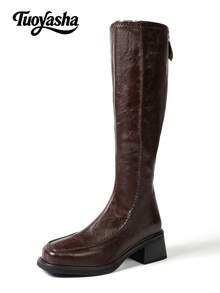 Versatile Retro New Style Square Toe Chunky Heel Back Zipper Color Block Leather Fashion Boots, Knee-High Boots, Suitable For Daily Wear, Music Festivals, Halloween