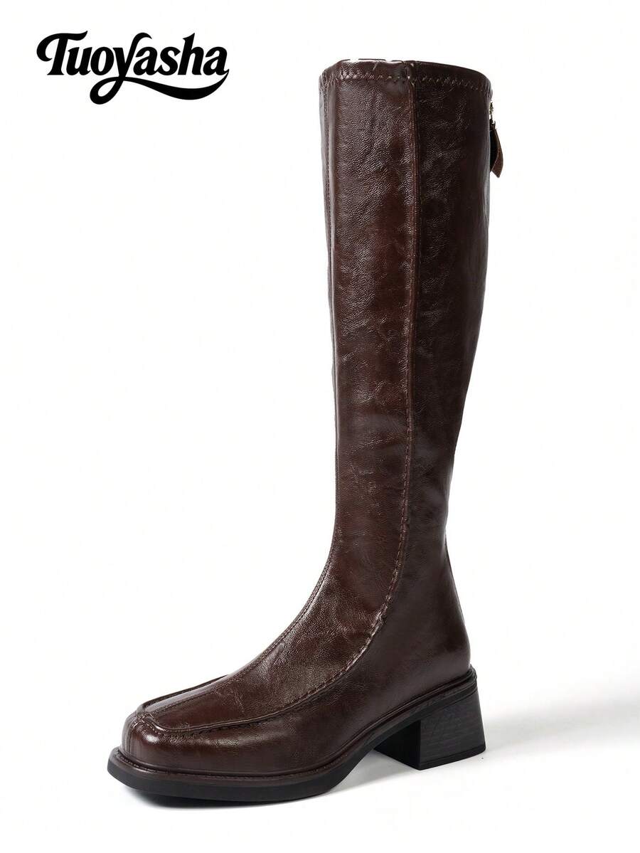 Versatile Retro New Style Square Toe Chunky Heel Back Zipper Color Block Leather Fashion Boots, Knee-High Boots, Suitable For Daily Wear, Music Festivals, Halloween