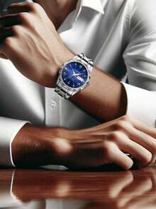 1pc Men's Stainless Steel Band Calendar Week Luminous Business Casual Quartz Wrist Watch - Silver - View 5