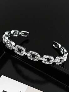 1 件不锈钢方晶锆石电镀锆石链式手镯，简约百搭闪亮高端时尚女士珠宝 - 銀色 - 查看 3