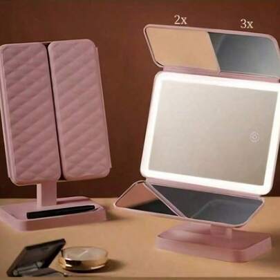 1 chiếc gương trang điểm LED gấp 3 lần, gương trang điểm có độ phóng đại 3X/2X/1X, gương trang điểm cầm tay độ nét cao, độ sáng có thể điều chỉnh, thiết kế gấp gọn có chân đế và đèn 3 màu, pin sạc 800mAh tích hợp, sạc USB, tiện lợi khi đi du lịch, có chức năng điều chỉnh độ sáng bằng màn hình cảm ứng, món quà tốt nhất cho phụ nữ, quà tặng ngày Valentine, quà tặng Giáng sinh.