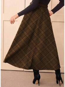 High Waisted A Line Midi Skirts Women With Pockets, Plaid, Elegant, Work Dress, Long, Wool Tartan, Flowy, Fall & Winter Skirts, Going Out Outfits Women, Coffee Color - 棕色 - 查看 2