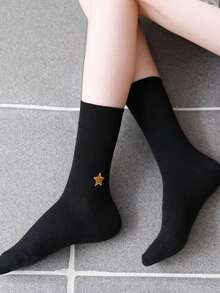 1 Pair Moon & Star Embroidered Socks, Women's Autumn/Winter College Style Sports Socks, Mid-Calf, Warm & Breathable