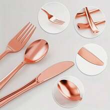 150/75/50/25/10件玫瑰金餐具套装，高端闪亮，适合生日派对、节日晚宴等场合，提升派对氛围 - 玫瑰金 - 查看 5