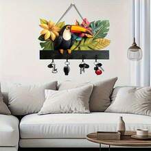 2D Art Piece Depicting A Beak Bird And A Wooden Sign, Key Organizer With Simple Colored Wooden Key Hooks, 4 Metal Hooks, Wall Art Suitable For Decorating Walls, Entryways, Rooms, Villas, Seasonal Home Decor - Multicolor - View 6