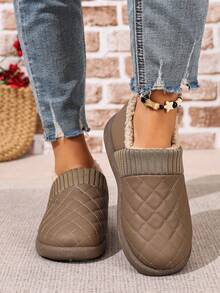 Botas de nieve para mujer, parte superior de punto de unicolor, baja, fondo suave y cómodo, botas de nieve casuales para uso diario, interiores, ligeras y de fácil puesta