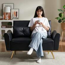 48" Faux Leather Loveseat Sofa, Modern Small Couch For Small Space With 2 Pillows, 2 Seater Futon Couch For Living Room, Bedroom, Office, Apartment (Black),24327506 - 黑色 - 查看 5