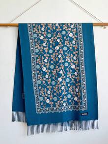 1pc Women's Autumn/Winter Faux Cashmere Embroidered Scarf, Thick Warm Tasseled Embroidered Bohemian Style Travel Shawl Poncho - Blue - View 2