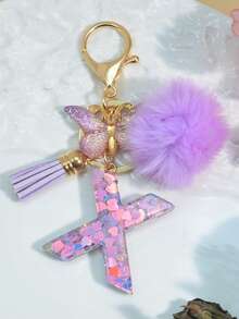 1pc Resin Letter Key Chain, Fashionable Women Handbag Heart Keyring Holder Butterfly Tassel Decor Valentine's Day Car Accessories Bag Charm Backpack For School Cute Goth Y2k Halloween Accessories Teachers Day Christmas Gift Ideas Bag Lanyards With Id Holder Car Accessories Bag Charms Car Friend Sister Gifts For Mother, Father, Graduation, And Teacher - Purple - View 24