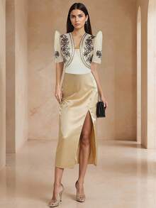 Amyenjoylife 现代夏季女式优雅气质印花泡泡袖开衫上衣 女式菲律宾短上衣 - 香檳色 - 查看 3