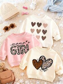 3件套女婴休闲印花圆领套头衫，秋冬款 - 可爱的连帽衫为每个孩子带来欢乐和幸福！豹纹和心形印花 - 杏色 - 查看 4