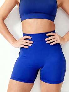 VOYJOY Workout Shorts With Pockets For Women V Back Scrunch High Waisted Shorts Charm Gym Yoga Biker Shorts - Klein màu xanh - Xem 2