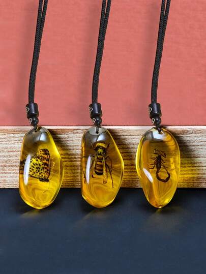 Amber Insect Fossil Pendant Necklace, Vintage Resin Amber Teardrop Scorpion Butterfly Long Necklace For Men And Women, Asymmetrical Pendant