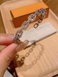 1 件不锈钢方晶锆石电镀锆石链式手镯，简约百搭闪亮高端时尚女士珠宝 - 銀色 - 查看 4