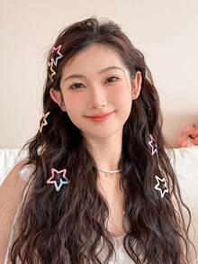 9个装女士Y2K闪亮星星发夹，可爱渐变发卡，4厘米五角星BB夹，多功能侧刘海发饰，适合日常佩戴，头部饰品，发夹 - 彩色 - 查看 3