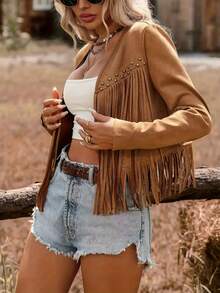 Plus Size Women's Fashionable Vintage Rivet Fringe Jacket - Brown - View 5