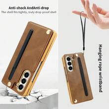 VIETAO Funda de teléfono con soporte, correa para la mano y ranura para tarjetas, chapada en oro, de piel sintética, compatible con Samsung Galaxy Z Fold 7 6 5 4 3 Fold6 - Marrón - Ver 6