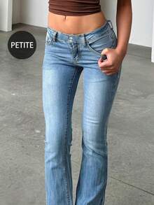 复古优雅高腰纽扣修身低腰性感休闲水洗纯色牛仔裤 春季 - 中等水洗藍 - 查看 4