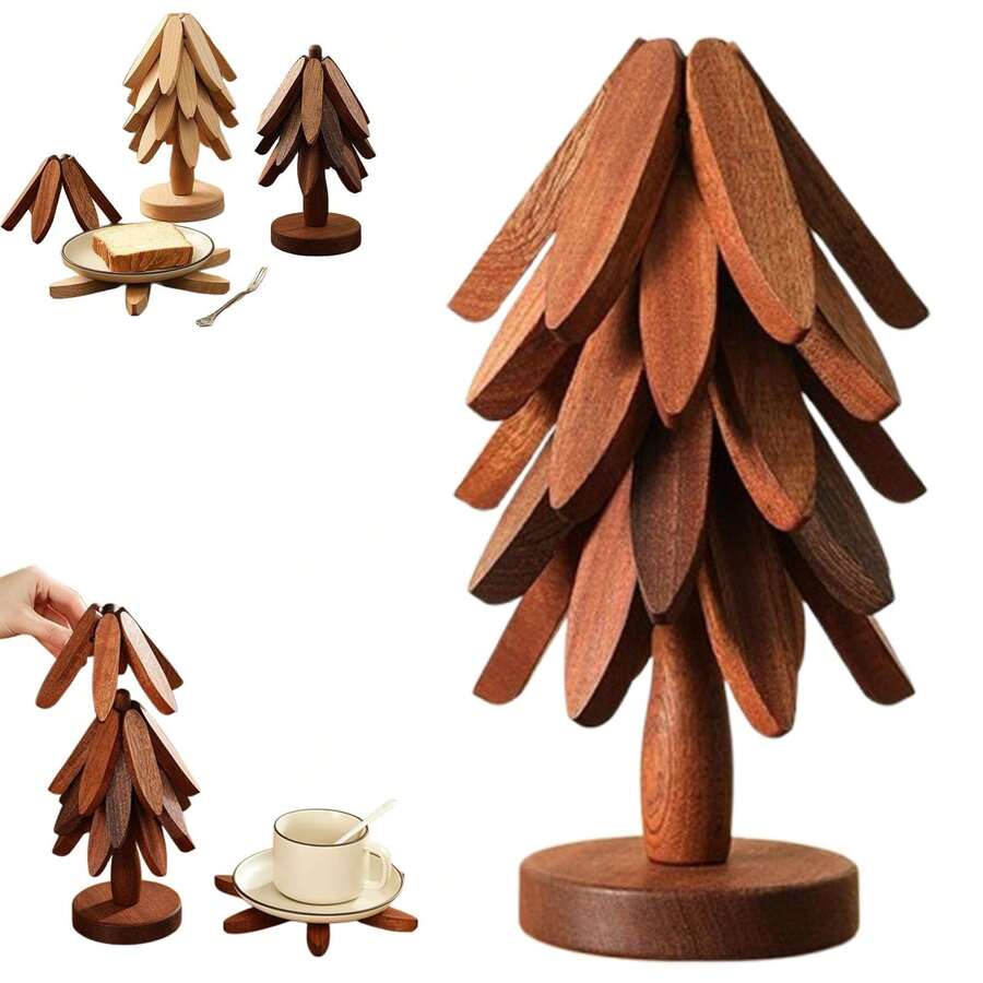 1 Set Walnut Wood Tree-Shaped Trivet Set - Natural Tree-Shaped Trivet Set - 5 Wooden Trivets And 1 Holder, Foldable Wooden Trivet For Kitchen, Suitable For Hot Dishes, Pots, Bowls, Teapots, Warmers, Pot Holders, Coasters, Casserole Pads, Tree-Shaped Design Home Heat-Resistant Placemats, High-Quality Coasters, Modern Minimalist Placemats, Christmas Gift - Multicolor - View 1