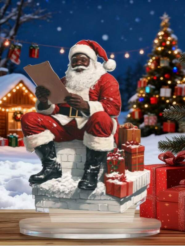 Estatua plana acrílica 2D de Papá Noel afroamericano con base - Decoración de sobremesa navideña, adecuada para el hogar, la oficina y las celebraciones festivas