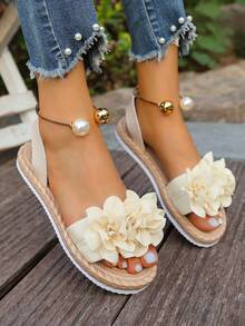 Floral Beach Slip-On Sandals For Women, Sweet Bohemian Style, Versatile For Beach Vacation, Non-Slip Soft Sole - Beige - View 5