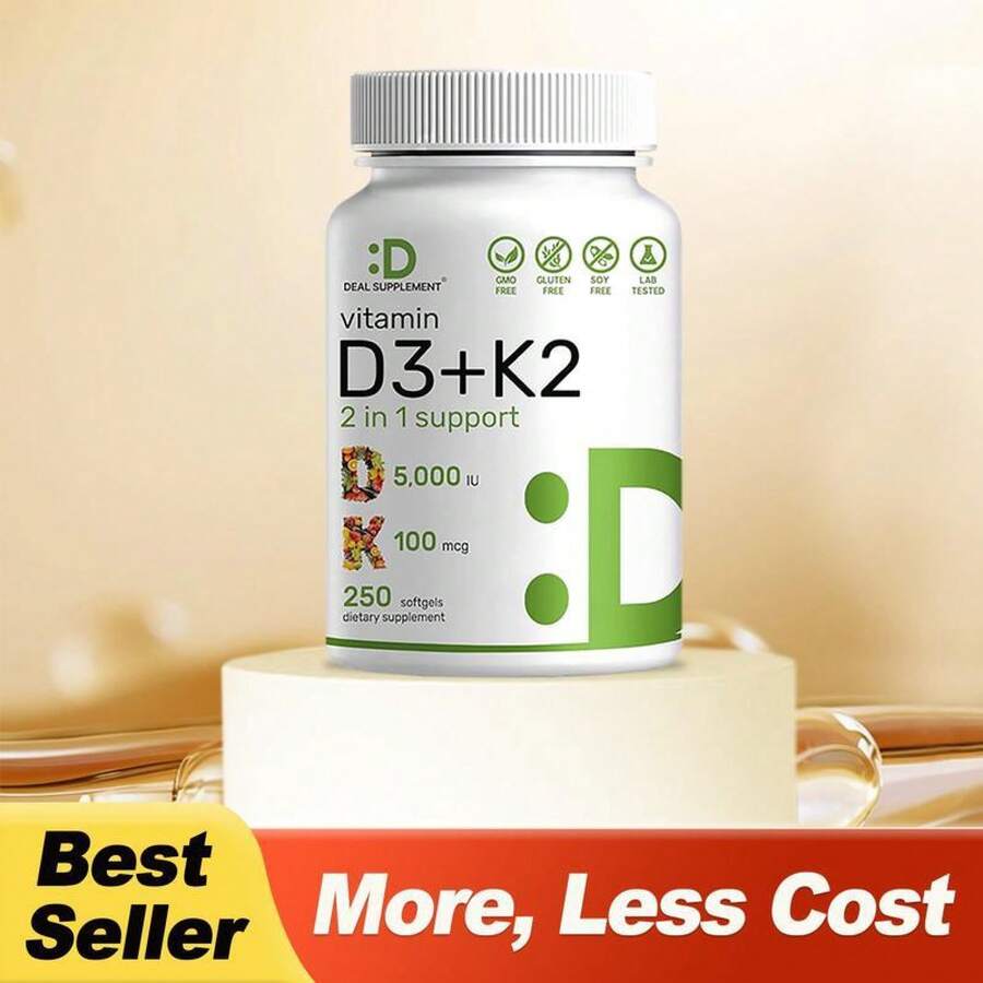 Supplement Vitamin D3 & K2,250 VeggieSoftgels2-In-1 Formula(5000 LU D3 +100mcg K2 MK7) Supports Healthy BonesTeeth,Heart,&Lmmune SvstemlNutrition &Healthcare Supplement Dietary Edible Fitness - 1瓶 - 查看 1
