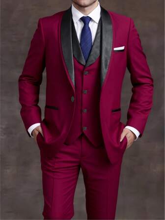 3pcs Men's Slim Fit Shawl Collar Single Breasted Suit Set, Includes Matching Vest And Trousers, Groom Wedding Attire And Groomsmen Formal Outfit