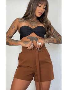 Women's Tailored Shorts With Ties - Rust Brown - View 4