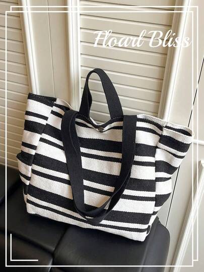 حقيبة تسوق متعددة الوظائف ذات تصميم فريد بخطوط سوداء وبيضاء، حقيبة كتف للتسوق اليومي والعطلات، حقيبة قماش ذات سعة كبيرة لطلاب