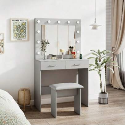 Dressing Table Set With LED Lights Mirror, Vanity Makeup Table 2 Large Drawers And Stool (Grey)