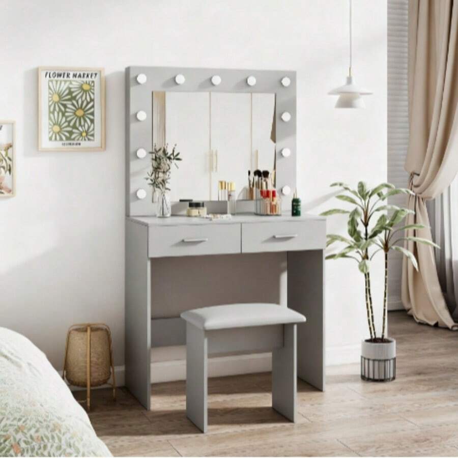 Dressing Table Set With LED Lights Mirror, Vanity Makeup Table 2 Large Drawers And Stool (Grey)