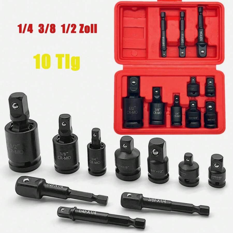 10-Piece Socket Adapter Set Impact Wrench Nut Set 1/4 3/8 1/2 Socket, Suitable For Various Applications - Red - View 1