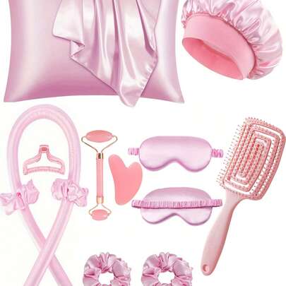 12件套睡眠美发造型工具套装，包含卷发棒、面部按摩器、1个加大双人枕套，适用于头发和皮肤，免加热卷发棒套装，夜间卷发棒，1个睡眠眼罩，1个缎面睡眠帽，女士面部按摩滚轮护肤工具，卷发器，免加热卷发
